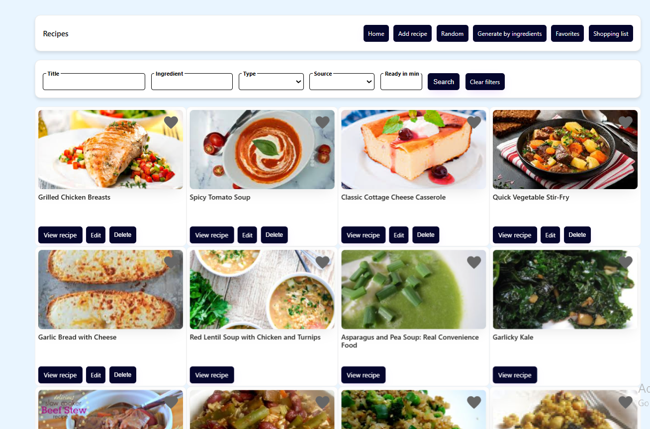 Recipes application showing recipe cards and search filters