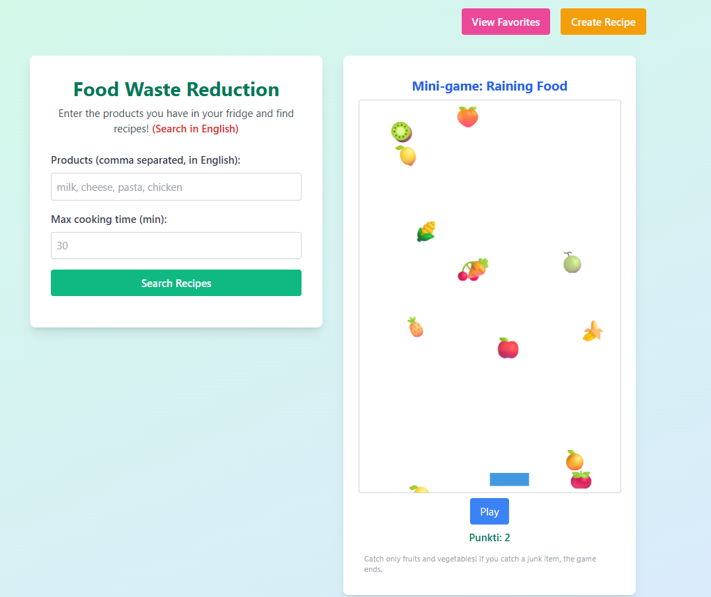Food Waste Reduction application with recipe search and mini-game